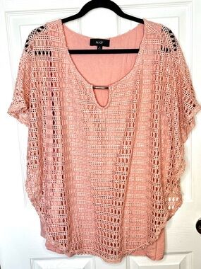 NAIF Peach Open Knit Boho Top 1X Layered Dolman Sleeve